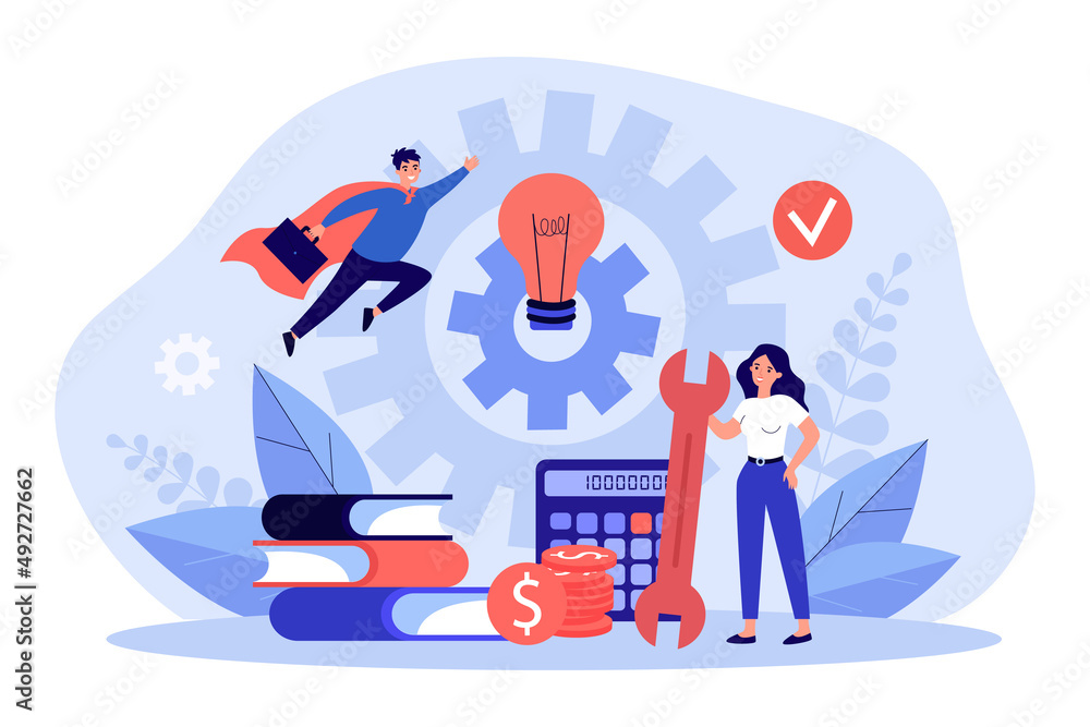 Poster work of business team on implementation and development of idea. tiny woman standing with light bulb