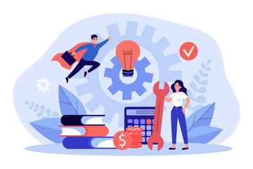 Work of business team on implementation and development of idea. Tiny woman standing with light bulb, gears flat vector illustration. Project concept for banner, website design or landing web page - obrazy, fototapety, plakaty