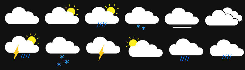 Weather icons set in color , Weather isolated on black background. Clouds logo and sign, vector illustration