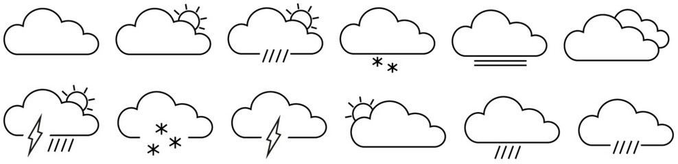 Weather icons set in line style, Weather isolated on white background. Clouds logo and sign, vector illustration