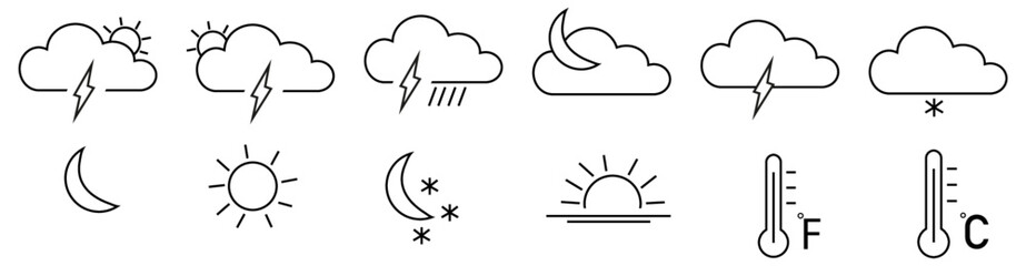 Weather icons set in line style, Weather isolated on white background. Clouds logo and sign, vector illustration