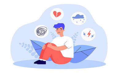 Stress, anxiety, confusion in head of man. Lost person sitting alone and suffering from problems flat vector illustration. Mental disorder concept for banner, website design or landing web page - obrazy, fototapety, plakaty