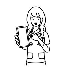 立ってスマートフォンを指差してこちらに向けて見せている看護師の女性
