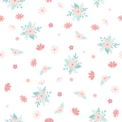 Hand drawn pink flowers with green leaves seamless pattern isolated on white background. Vector illustration for textile, fabric, invitation and more.