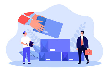 Hands of courier unloading boxes with goods. Delivery logistics service for tiny businessman flat vector illustration. Warehouse, inventory concept for banner, website design or landing web page