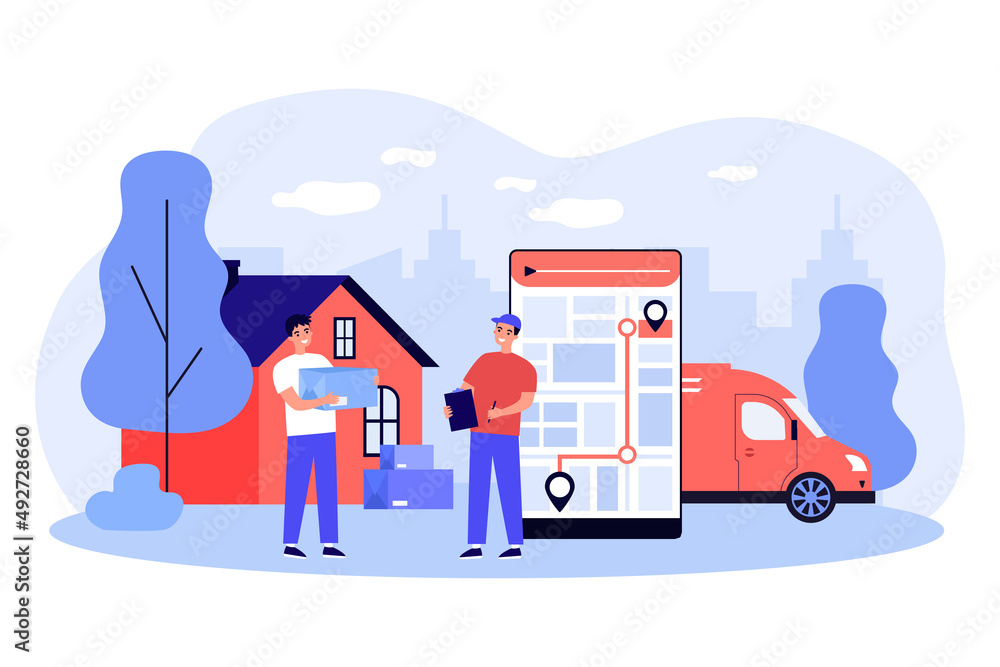 Poster express address shipping of parcels by courier. man sending boxes by mail along route on phone map f