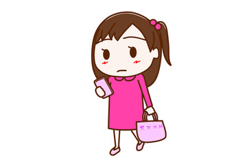 （全身斜め）歩きながらスマホの画面に夢中になっている少女