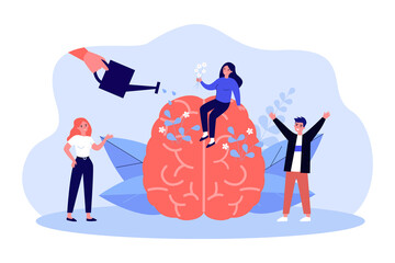Hand irrigating blooming flowers on human brain. Healing therapy and care from tiny people flat vector illustration. Positive mind, mental health concept for banner, website design or landing web page