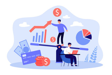 Investment plans of tiny businessman. Man working on balance between stock market segments and profit growth flat vector illustration. Finance concept for banner, website design or landing web page