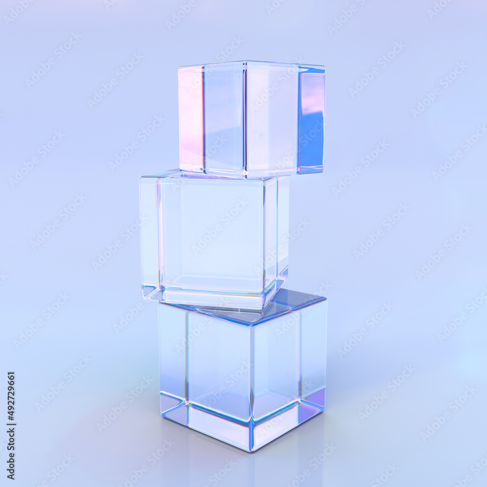Poster stack crystal cubes or blocks with refraction light in prism and dispersion effect, glass iridescent
