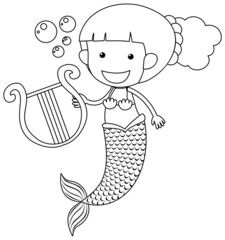 Mermaid play the harp black and white doodle character