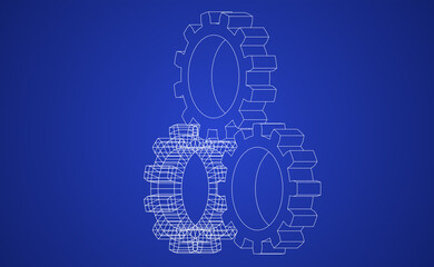 Vector illustration of gears line art on blue background representing a blue print