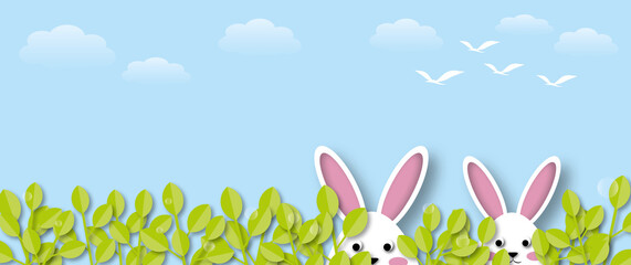 Fototapeta premium White rabbits with leaf, birds and clouds on blue sky background, Holiday illustration for greeting card of Happy Easter’s Day, space for the text. paper cut design style.