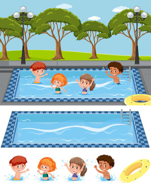 Children swimming in the pool concept