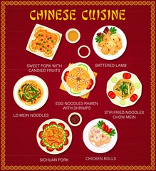 Chinese cuisine food menu, Asian restaurant China dishes and meals, vector cover. Chinese cuisine and traditional Sichuan food cooking, ramen noodles with seafood shrimps, chicken rolls and lamb