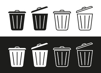 Bin trash icons. Bin garbage icons. Dustbins isolated on black and white background. Line symbols for waste. Logo of rubbish. Flat wastebaskets. Vector