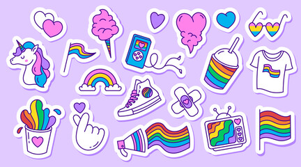 A set of LGBT community doodle stickers.Rainbow, abstraction,hand, sweets, hearts. Sticker pack, badges, patches.