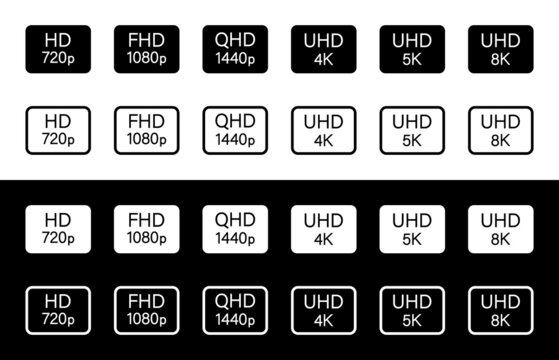 4k, hd, ultra hd, full, 8k video resolution icons. Logos of video resolutions. Outline isolated icons on white and black background. Vector