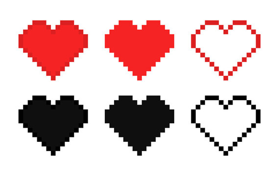 Pixel heart. Pixel heart icon. 8 bit game. Digital art for love, gamer and computer. Red and black symbols of health. Vector