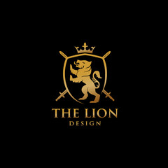 Elegant gold Crest heraldic shield lion icon. Royal coat of arms company label symbol. 