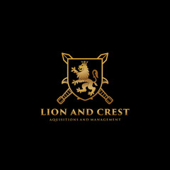 Elegant gold Crest heraldic shield lion icon logo design. Royal coat of arms company label symbol. 