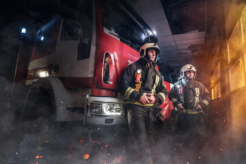 Fototapeta na wymiar Two firefighters dressed in workwear with helmets in fire station
