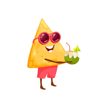 Cute nachos cartoon character on summer vacation holiday resting with coconut cocktail with straw on beach, cute mexican food emoticon. Vector happy fastfood snack, triangle chips in sunglasses