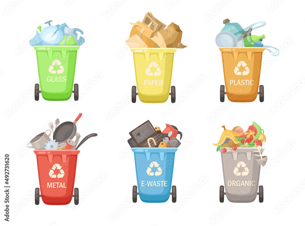 Aufkleber recycle bins for sorting garbage vector illustrations set. containers or trash bins for sorting glas
