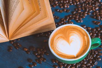 coffee latte art on wood table, relax time, cafe barista art top view.