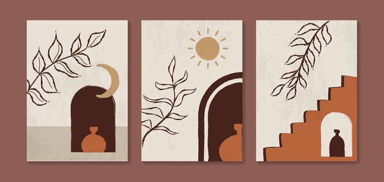 Set of abstract mountain landscapes in arches with sunset, sun, moon, vase, leaf in aesthetic, minimalist mid century style. Bohemian style wall decor. Vector Illustration collection.