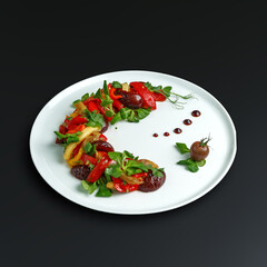 traditional dishes of European cuisine, delicacy, banquet snack. culinary dishes on a white plate on a black background. restaurant service