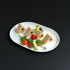 traditional dishes of European cuisine, delicacy, banquet snack. culinary dishes on a white plate on a black background. restaurant service