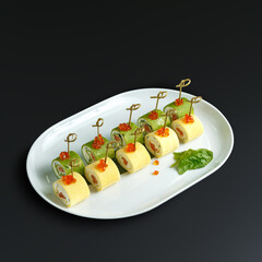 traditional dishes of European cuisine, delicacy, banquet snack. culinary dishes on a white plate on a black background. restaurant service