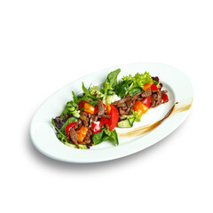 traditional dishes of European cuisine, delicacy, banquet snack. culinary dishes on a white plate on a white background. restaurant service