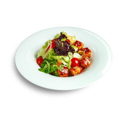 traditional dishes of European cuisine, delicacy, banquet snack. culinary dishes on a white plate on a white background. restaurant service