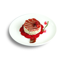 traditional dishes of European cuisine, delicacy, banquet snack. culinary dishes on a white plate on a white background. restaurant service