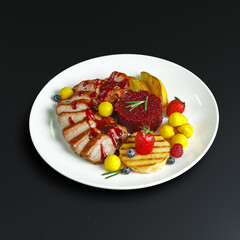 traditional dishes of European cuisine, delicacy, banquet snack. culinary dishes on a white plate on a black background. restaurant service