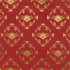 Tapestry texture background. Vintage red paper with gold baroque elements