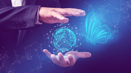 businessman show New Experiences with Metaverse on hand, biosensor technology concepts, web3 and blockchain. hand Interacting with virtual graphic digital word and butterfly.