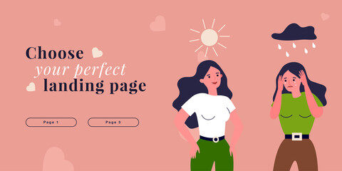 Sad girl standing in rain, smiling under sun. Negative and positive emotions of woman flat vector illustration. Mental health, psychology concept for banner, website design or landing web page