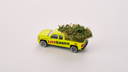 Toy pickup car with dry marijuana bud for party