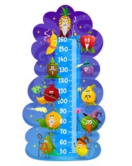 Fototapeta premium Kids height chart with cartoon magician and wizard fruits. Vector growth meter with apple, orange, banana and pineapple, watermelon, kiwi, mango and plum magic characters, children stadiometer ruler