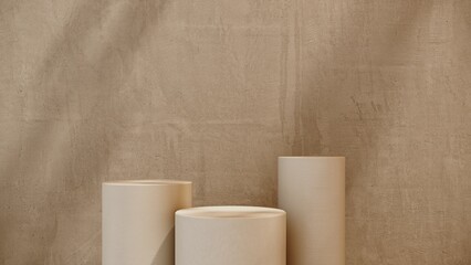 3D render podium, showcase on light pastel background with shadows in tropical leaves of plants. Abstract natural,organic background for advertising products, spa body care, relaxation, health.