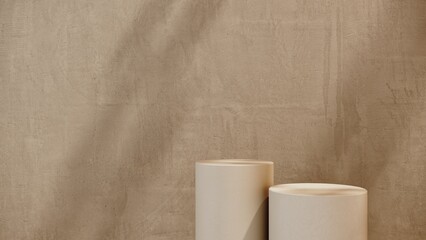 3D render podium, showcase on light pastel background with shadows in tropical leaves of plants. Abstract natural,organic background for advertising products, spa body care, relaxation, health.