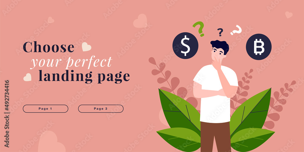 Poster man thinking about buying bitcoin. male character standing with question mark and currency symbols f