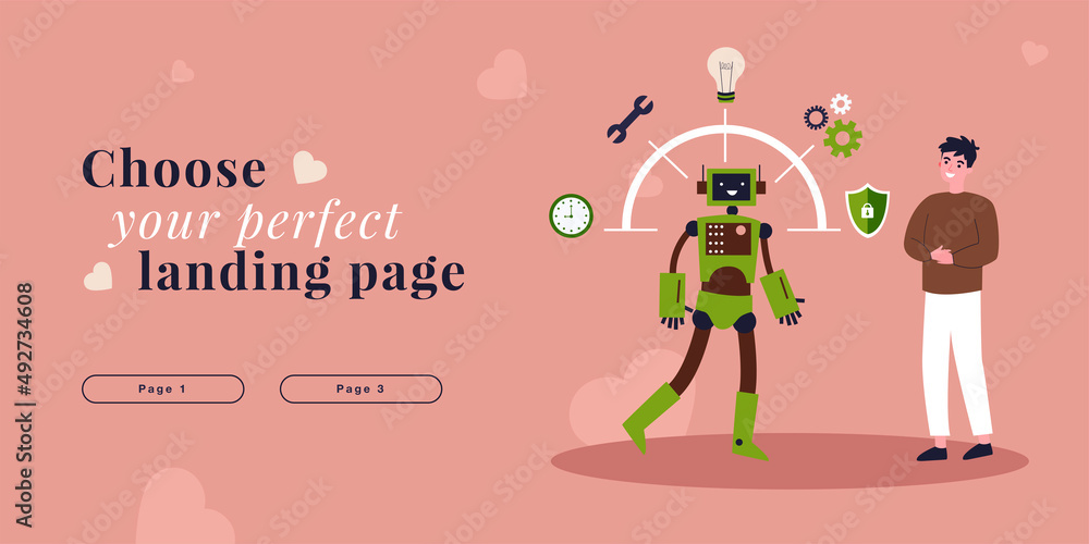 Poster man standing with multitasking robot. support, advice of artificial intelligence at work of people f