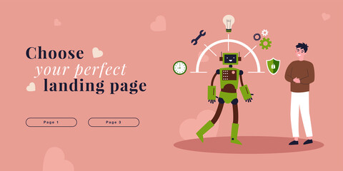 Man standing with multitasking robot. Support, advice of artificial intelligence at work of people flat vector illustration. AI service, chatbot concept for banner, website design or landing web page