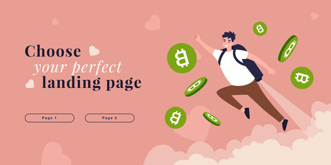 Man flying up by rocket in backpack into sky with bitcoins. Person investing in crypto currency flat vector illustration. Cryptocurrency startup concept for banner, website design or landing web page