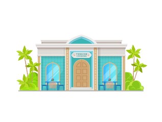 Turkish cuisine restaurant building icon. City street cafe with arab ornaments on blue tile, columns and outdoors tables, chairs. Turkish food restaurant facade, cartoon vector exterior front view