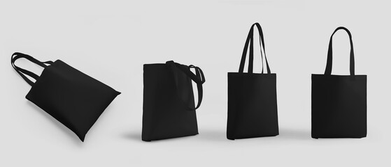 Black totebag 3d rendering mockup with handles, isolated on background, ecological sack set for...